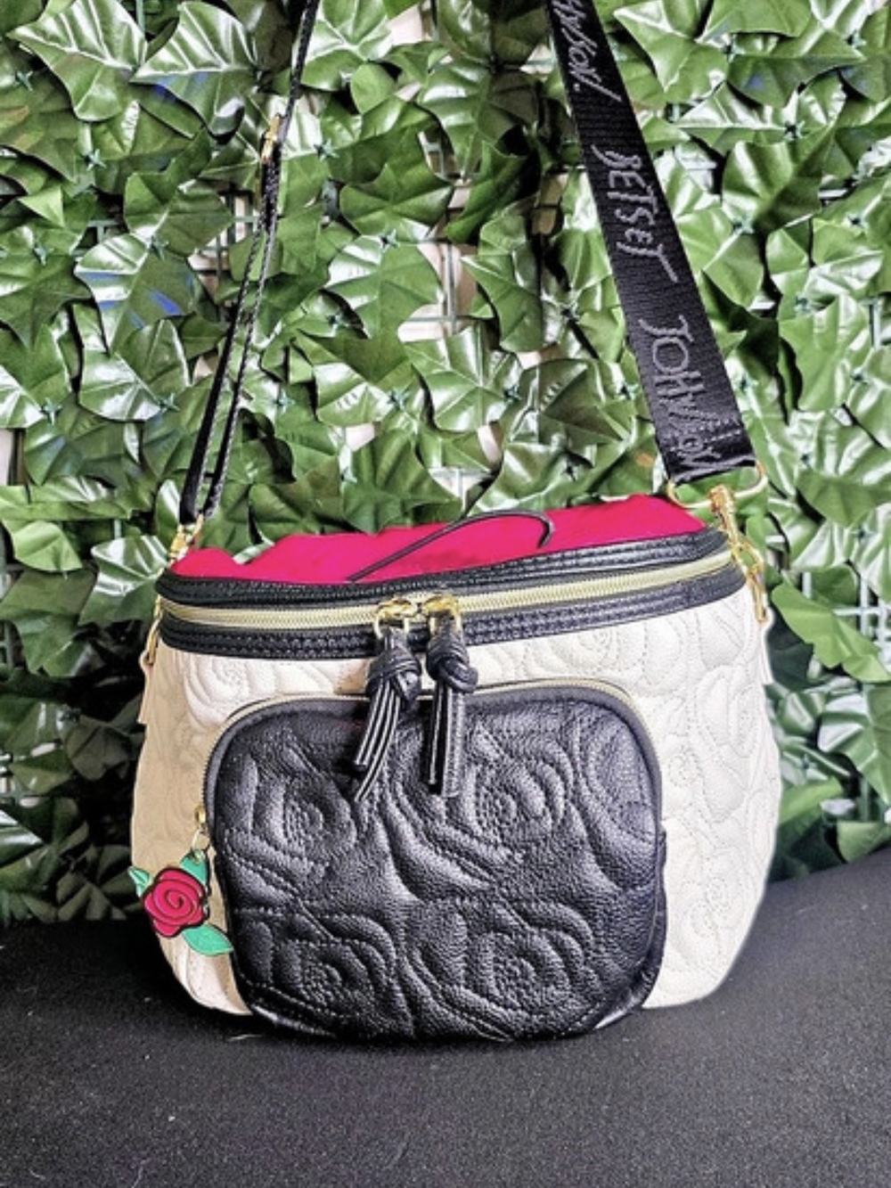 Betsey Johnson Floral Crossbody Bag in White & Black
